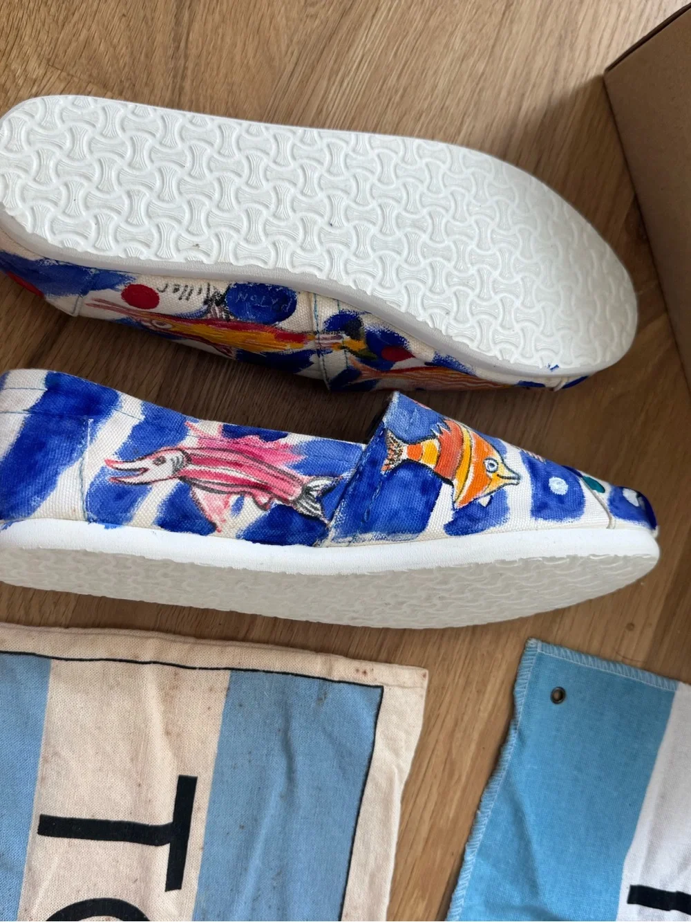 Toms Hand painted and signed by Paton Miller Fish Print Canvas Slip-Ons